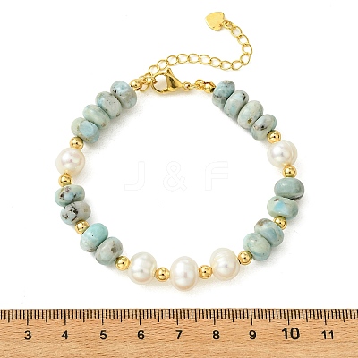 Natural Larimar Rondelle and Natural Cultured Freshwater Pearl Beaded Bracelets with Brass Round Beads BJEW-JB14417-1