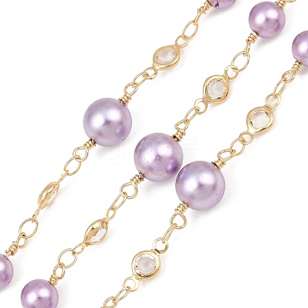 Rack Plating Brass & Round ABS Imitation Pearl & Glass Beaded Link Chains KK-CBA3816-01C-1
