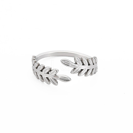 Non-Tarnish 304 Stainless Steel Leaf Open Cuff Ring for Women RJEW-S405-190P-1