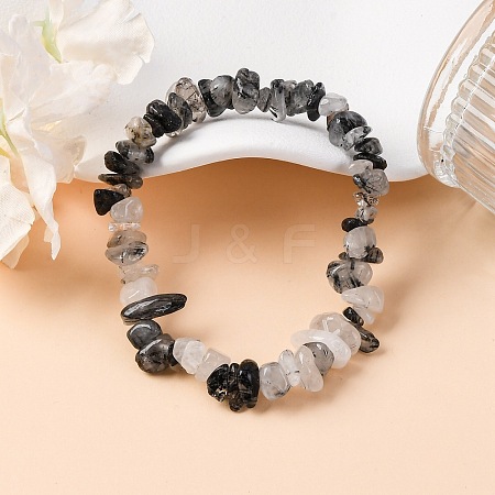 Natural Tourmalinated Quartz/Black Rutilated Quartz Stretch Bracelets X-BJEW-JB03681-01-1