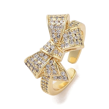 Bowknot Brass Micro Pave Clear Cubic Zirconia Open Cuff Rings RJEW-S417-01G-01-1