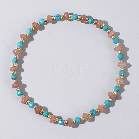 Beach Vacation Style Natuarl Strawberry Quartz & Synthetic Turquoise Beaded Stretch Bracelet Women RO9590-6-1