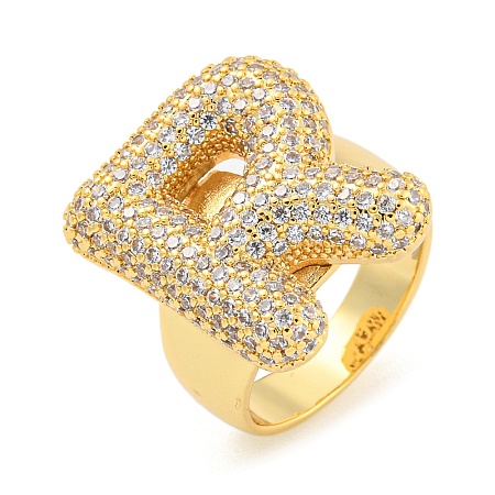 Brass Micro Pave Clear Cubic Zirconia Letter Open Cuff Ring for Women RJEW-M173-01G-R-1