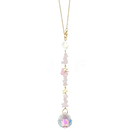 Round Glass & Natural Rose Quartz Chips Hanging Suncatchers HJEW-JM04209-03-1