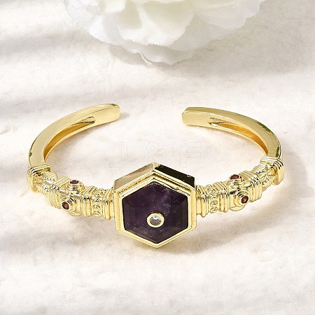 Hexagon Brass Pave Natural Amethyst & Cubic Zirconia Cuff Bangles for Women BJEW-Z172-01G-09-1