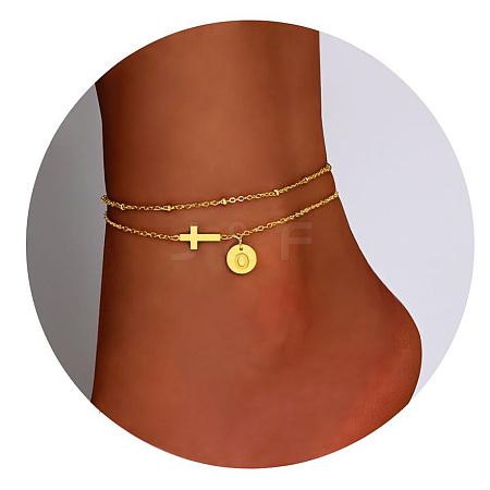 Brass Sideways Cross Link Anklets with Flat Round Initial Charms FS-WG12DAA-13-1