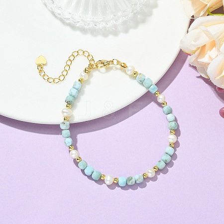 Natural Larimar Faceted Cube and Natural Cultured Freshwater Pearl Beaded Bracelets with Brass Round Beads BJEW-JB14416-1