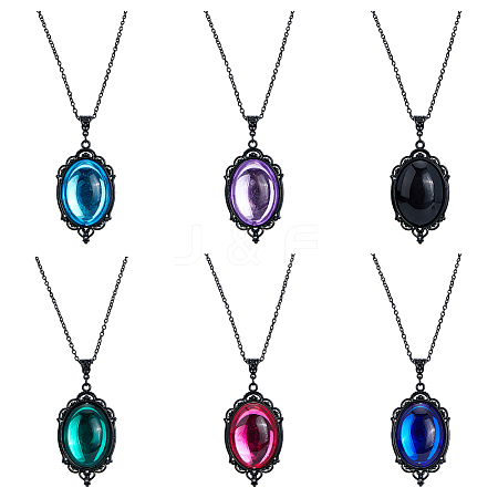 FIBLOOM 6Pcs 6 Colors Glass Oval Pendant Necklaces Set with Black Alloy Chains NJEW-FI0001-46-1