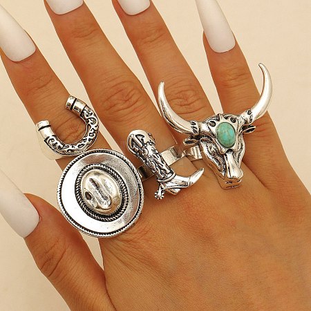 4Pcs Synthetic Turquoise Cuff Open Rings RJEW-P179-03AS-1