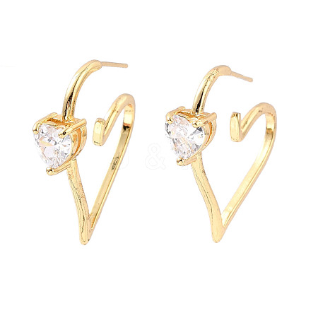 Clear Cubic Zirconia Heart Stud Earrings EJEW-C023-01G-1