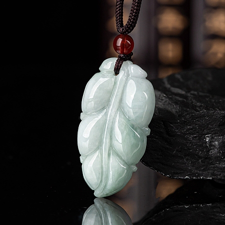 Natural Jadeite Carved Leaf Pendant Necklaces NJEW-F321-02-1