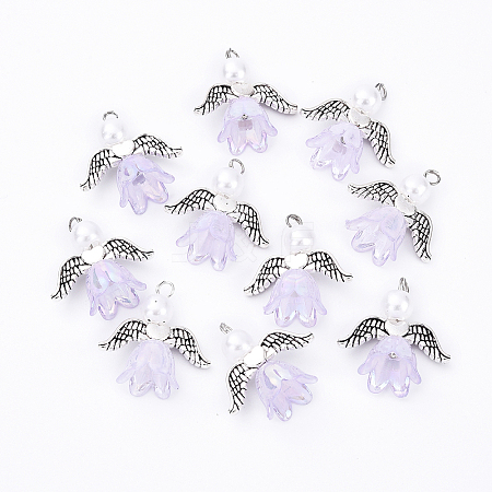 10Pcs Acrylic & Imitation Pearl Flower Angel Pendants PALLOY-YW00055-01-1