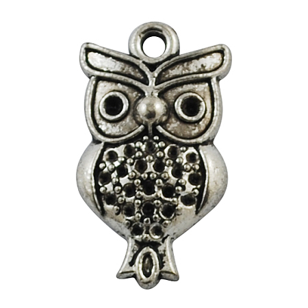 Antique Silver Alloy Halloween Owl Pendant Rhinestone Settings X-TIBEP-20293-AS-LF-1