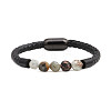 Men's Black Onyx Stone Beaded Bracelet with Magnetic Clasp Leather Weave Jewelry ST9478431-1