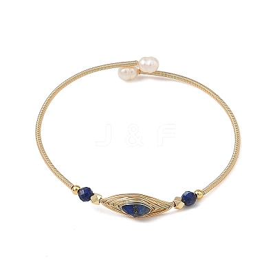 Faceted Horse Eye Natural Mixed Stone Herringbone Wire-Wrapped Brass Open Cuff Bangles with Natural Pearl for Women BJEW-JB14303-1