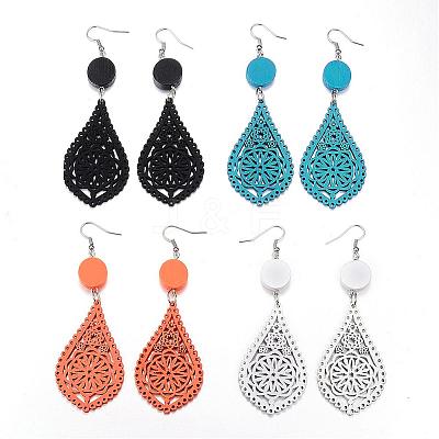 Trendy Teardrop Wood Dangle Earrings EJEW-F062-L-1