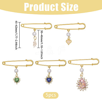 5Pcs Heart & Leaf Iron Safety Pins JEWB-CA00013-1