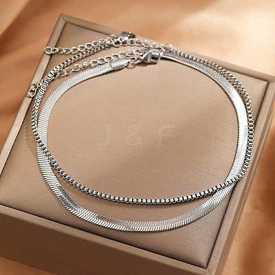 304 Stainless Steel Flat Snake Chain & Box Chain Double Layer Anklets for Women AJEW-F069-02P-1