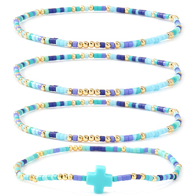 4Pcs Vintage Cylinder Seed Beads & Brass Beaded Bracelet Sets VC6317-8-1