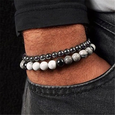 2Pcs 2 Style 8mm Round Natural Map Stone & Synthetic Non-magnetic Hematite Stretch Bracelets Set TH1702-5-1