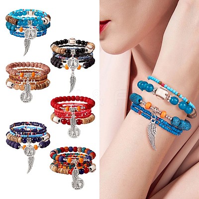 5Pcs 5 Style Wood & Glass Seed & Acrylic Beaded Stretch Bracelets Set with Baseball JB709F-1