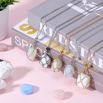 2Pcs 2 Style Brass Braided Macrame Pouch Empty Stone Holder Necklace NJEW-SZ0001-66G-1