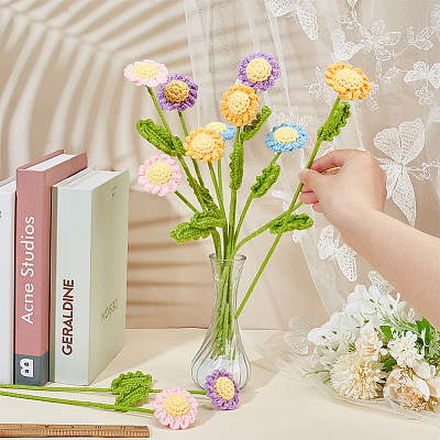 12Pcs 4 Colors Crochet Cotton Flower Ornaments with Iron Wire AJEW-FG0002-93-1