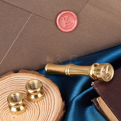 1Pc Golden Tone Brass Wax Seal Stamp Head with Bamboo Stick Shaped Handle STAM-CP0001-04H-1