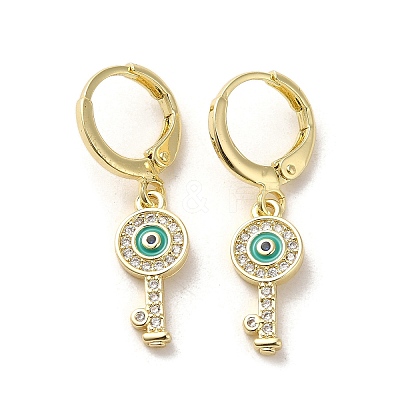 Key with Evil Eye Golden Brass Dangle Leverback Earrings EJEW-Q797-03G-01-1