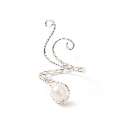 Copper Wire Wrapped Natural Freshwater Pearl Cuff Rings for Women RJEW-JR00553-02-1