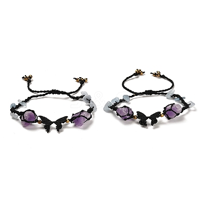 Natural Amethyst & Aquamarine & Synthetic Hematite Nuggets Braided Bead Bracelet BJEW-B073-01B-1