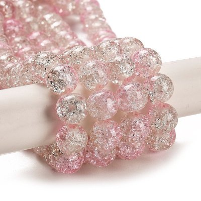 Pink & Clear Crackle Glass Round Beads Strands X-CCG-Q002-10mm-01-1