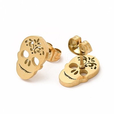 Halloween Skull with Flower 304 Stainless Steel Stud Earrings for Women EJEW-B019-05G-1