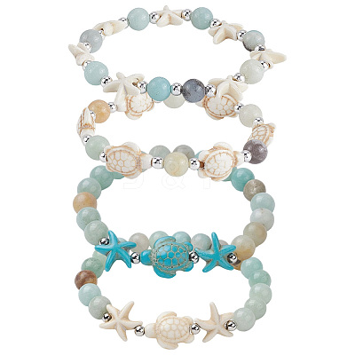 4Pcs 4 Style Dyed Synthetic Turquoise Turtle and Starfish Beaded Bracelets Sets BJEW-SC0001-52-1