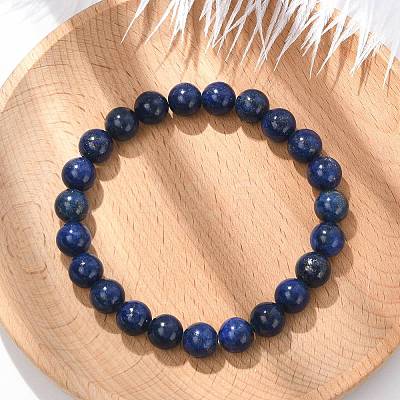 Natural Lapis Lazuli Round Beaded Stretch Bracelet BJEW-F203-06-1