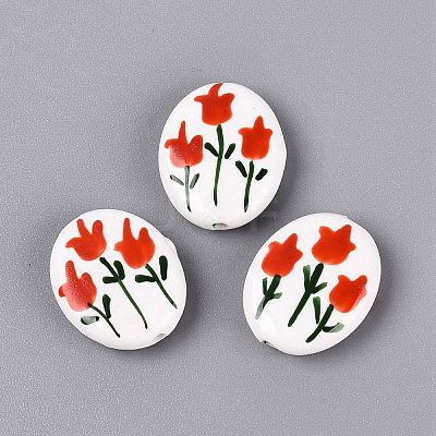 Hand Painted Tulip Flower Oval Porcelain Beads PORC-N012-11A-1