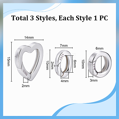 3Pcs 3 Styles 925 Sterling Silver Spring Gate Rings STER-PH0003-52-1