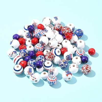 75Pcs 12 Styles Independence Day Theme Wood European Beads WOOD-FS0001-22-1