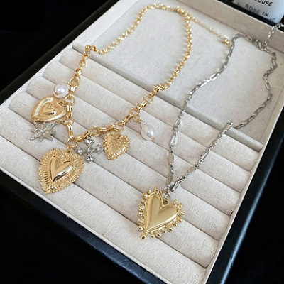 Alloy Rhinestone & Iron Heart Pendant Double Layer Necklaces for Women WG7EE33-01-1