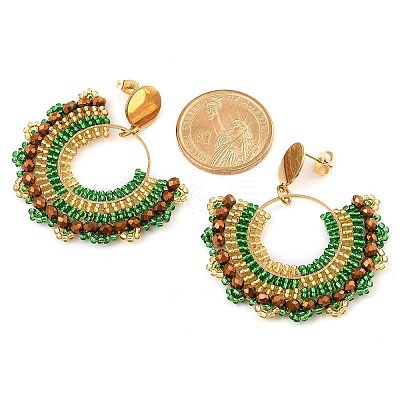 304 Stainless Steel & Bohemian Beaded Fan Dangle Stud Earrings for Women EJEW-R001-05G-02-1