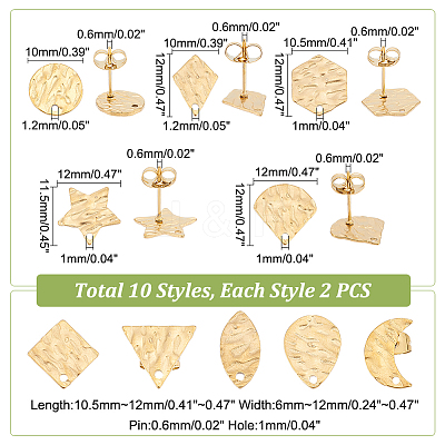 20Pcs 10 Style 304 Stainless Steel Stud Earring Findings STAS-UN0040-40-1