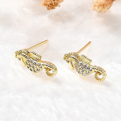 Sea Horse Brass Micro Pave Cubic Zirconia Ear Studs EJEW-D304-38G-1