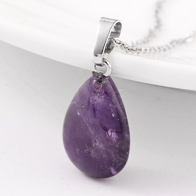 Teardrop Platinum Tone Brass Amethyst Pendants G-F267-02C-1