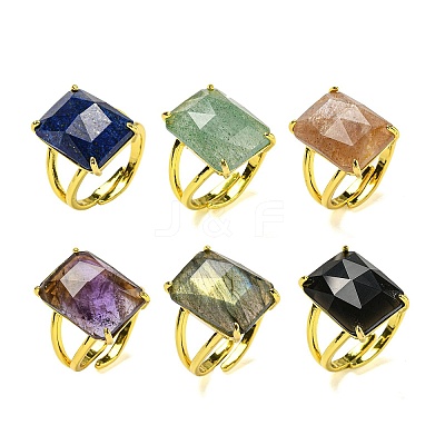 Rectangle Natural Gemstone Open Cuff Rings RJEW-C087-05G-1
