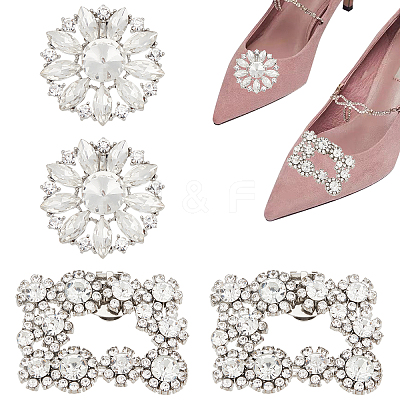 AHADEMAKER 4Pcs 2 Style Detachable Alloy Crystal Rhinestone Shoe Buckle Clips FIND-GA0002-15-1