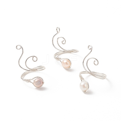 Copper Wire Wrapped Natural Freshwater Pearl Cuff Rings for Women RJEW-JR00553-02-1