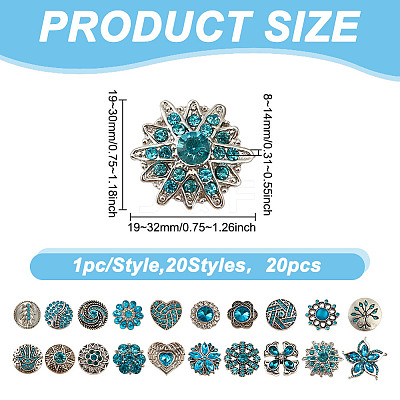 20Pcs Alloy Rhinestone Snap Button BUTT-GO0001-03B-1