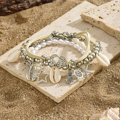 4Pcs Bohemian Style Zinc Alloy & Plastic Pearl & Natural Shell & CCB Plastic Anklet Sets FS-WGD84C1-01-1
