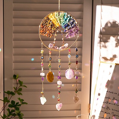 7 Chakra Natural & Synthetic Mixed Stone Chips Tree of Life Suncatchers HJEW-F027-17-1