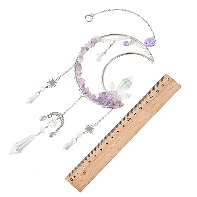 3Pcs 3 Styles Moon Natural Amethyst & Green Aventurine & Topaz Jade & 304 Stainless Steel & Brass Suncatchers HJEW-TA00488-1